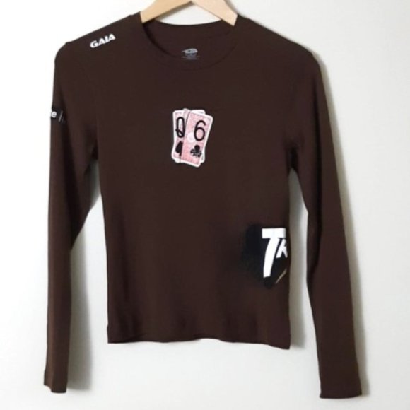 GALA Teens Women Tee Top 100% Cotton Brown Round Neck L-Sleeve White Pink Print - Picture 2 of 13